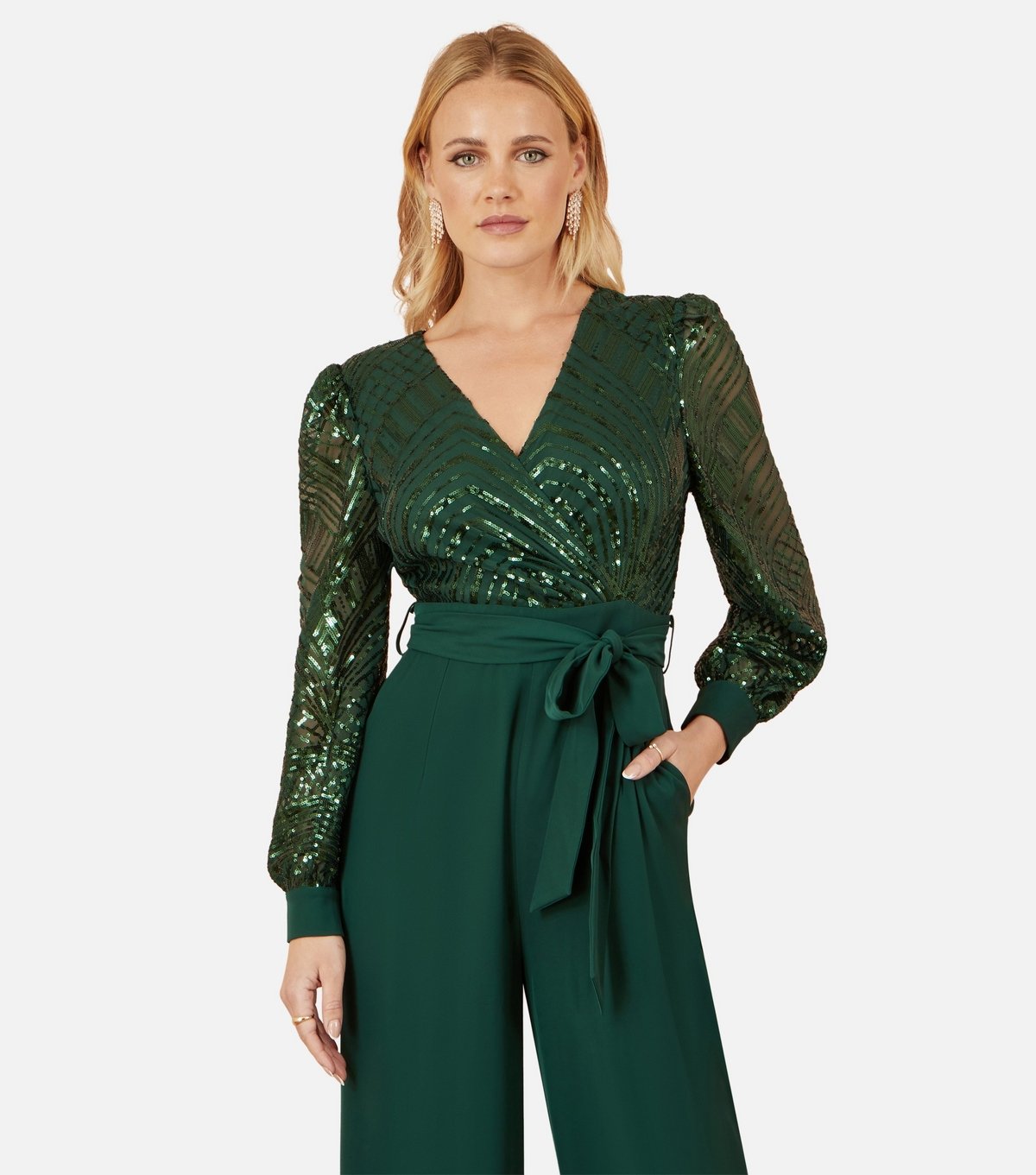 Yumi Women's Dark Green Sequin Wrap Jumpsuit Yumi New Look - 2