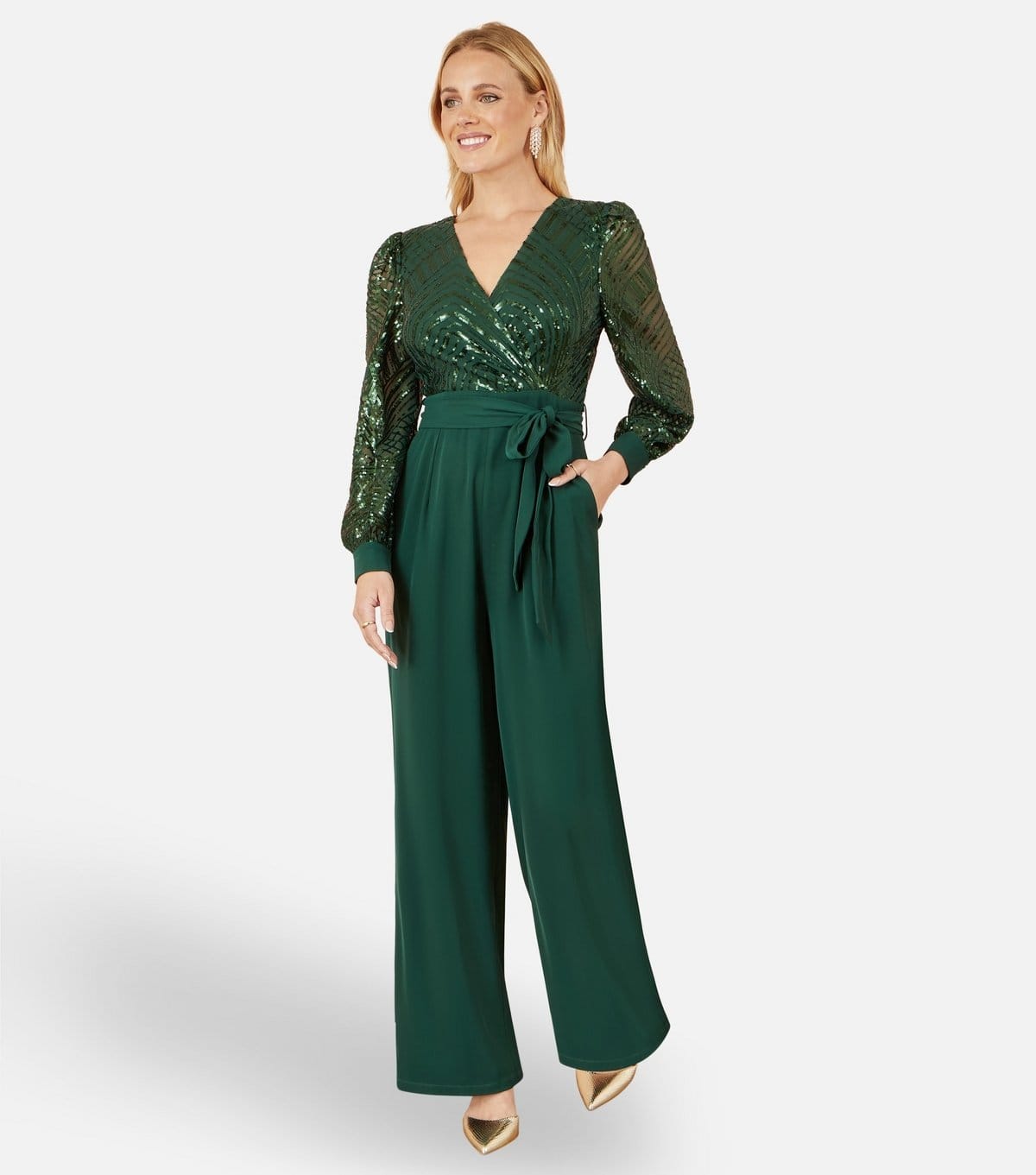 Yumi Women's Dark Green Sequin Wrap Jumpsuit Yumi New Look - 4