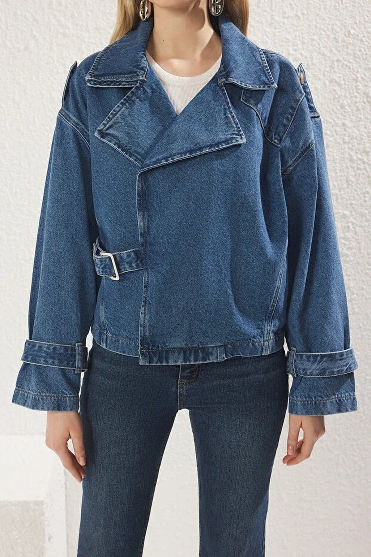 WOVCOR WOVCOR Women's Oversized Denim Biker Style Jacket with Wide Lapel in Blue - 2
