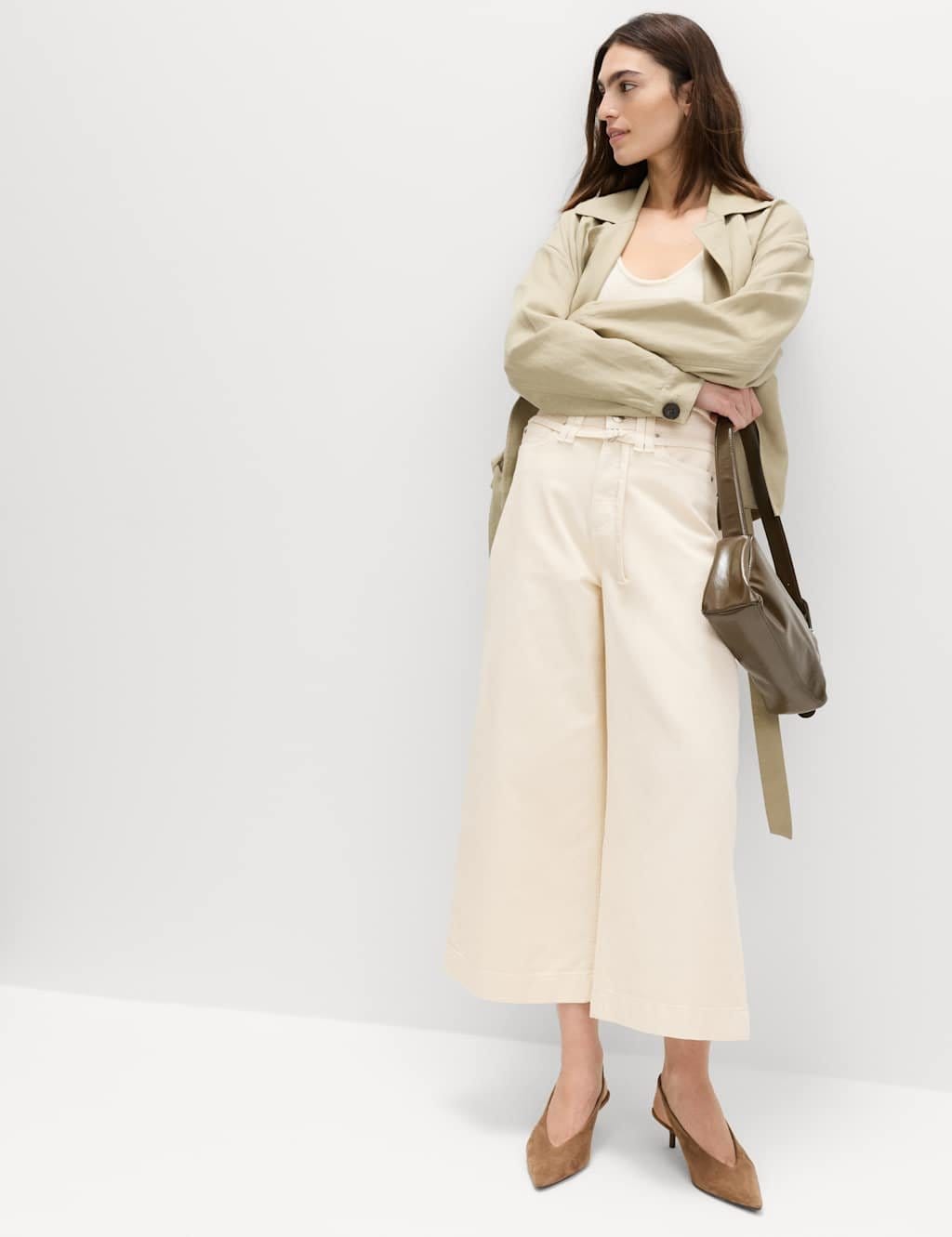 Marks & Spencer M&S Denim High Waisted Belted Wide Leg Culottes Ecru - 1