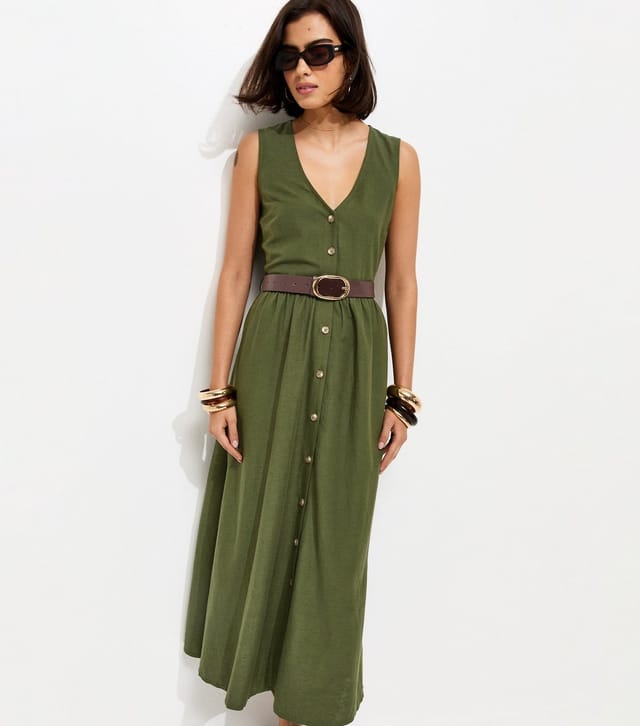 New Look Women's Dark Khaki Sleeveless Button Through Midi Dress New Look - 2