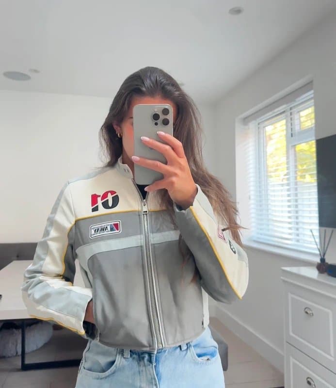 Bershka Bershka Y2K Moto Racing Faux Leather Cropped Jacket Grey White Yellow Size S