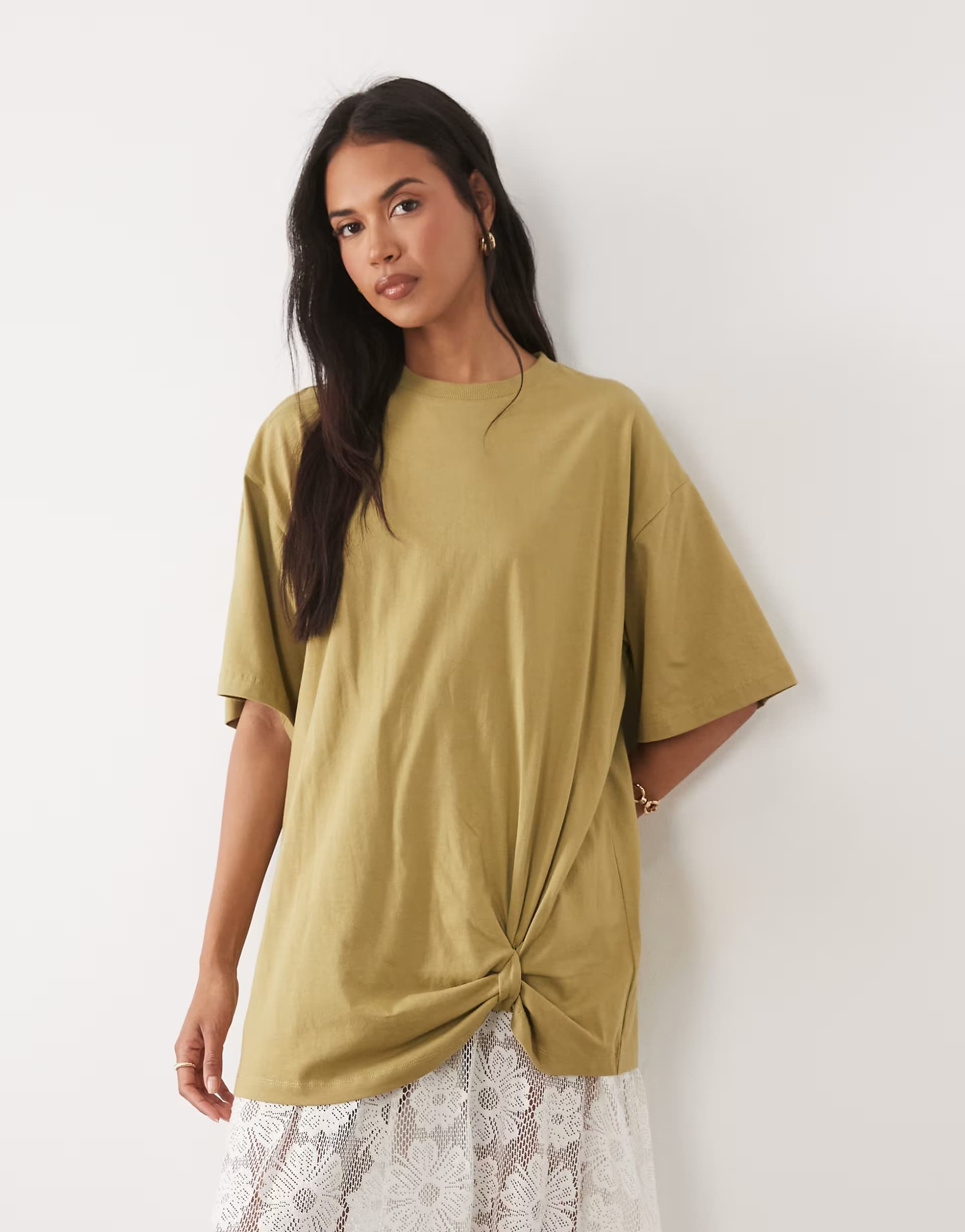 ASOS ASOS DESIGN oversized graphic tee with lace cami underdress in green