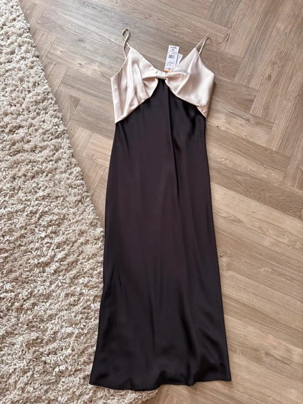 F&F Black Satin Bow Front Dress - Size 12