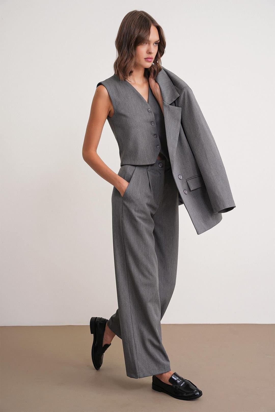 MixRay MixRay Women's Pleated Palazzo Pants with Pockets in Dark Grey