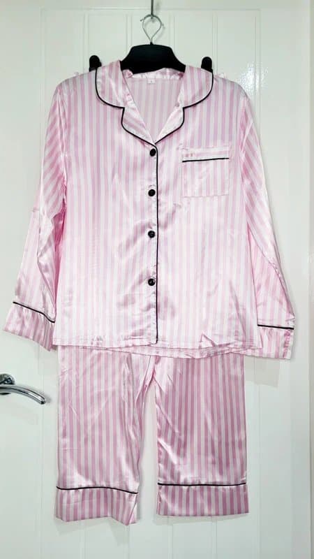 Pink Ladies size L / Large pink satin feel striped pyjama set cute gift for her