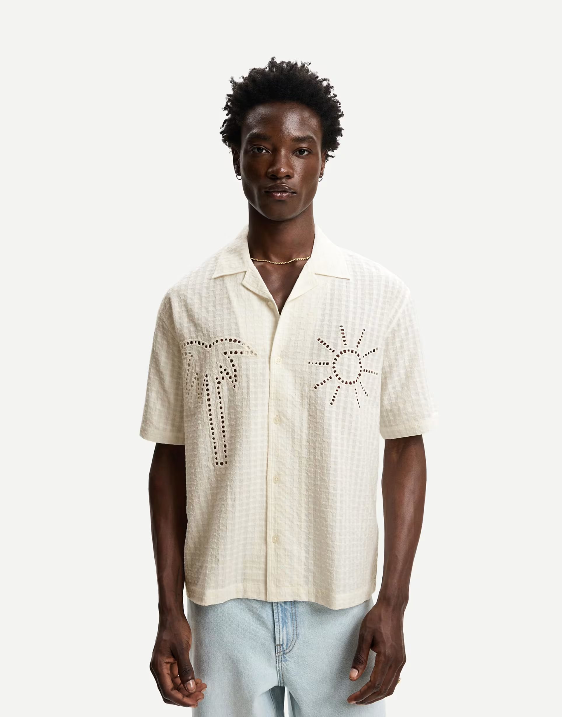 ASOS Bershka embroidered short sleeve shirt in white - 1