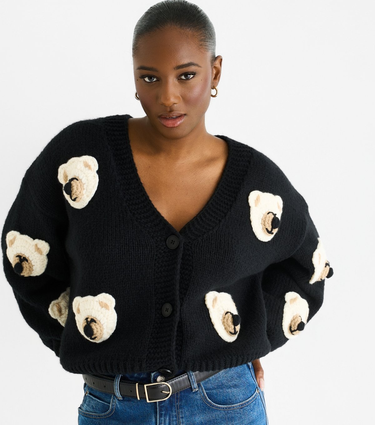 Gini London Women's Black Contrast Teddy Crochet Cardigan Gini London New Look - 2