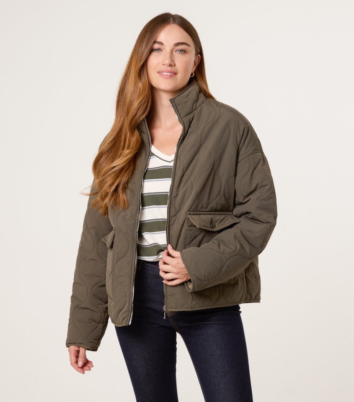 Blue Vanilla Women's Khaki Quilted Buttoned Pocket Jacket Blue Vanilla New Look