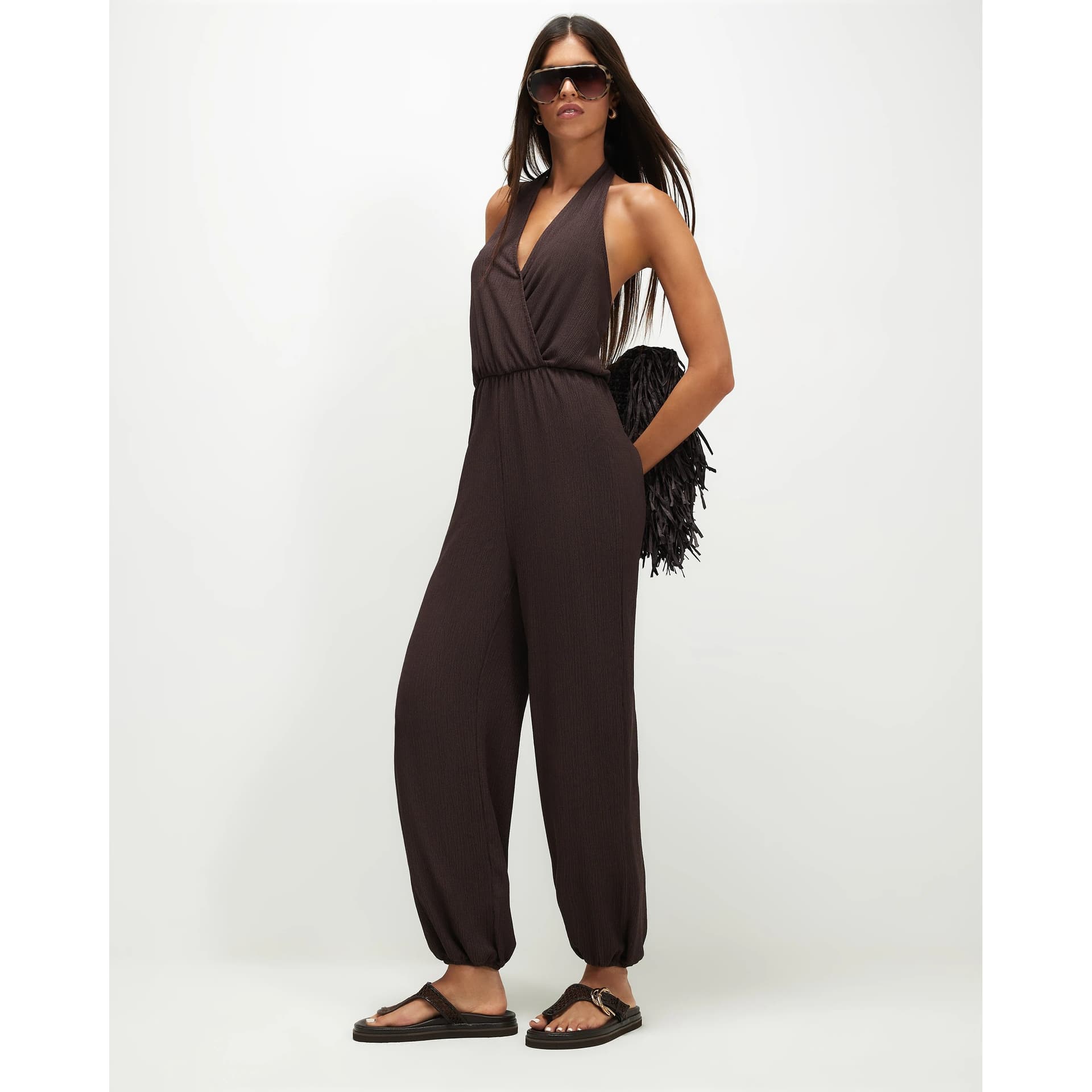 River Island River Island Womens Brown Textured Halter Neck Jumpsuit