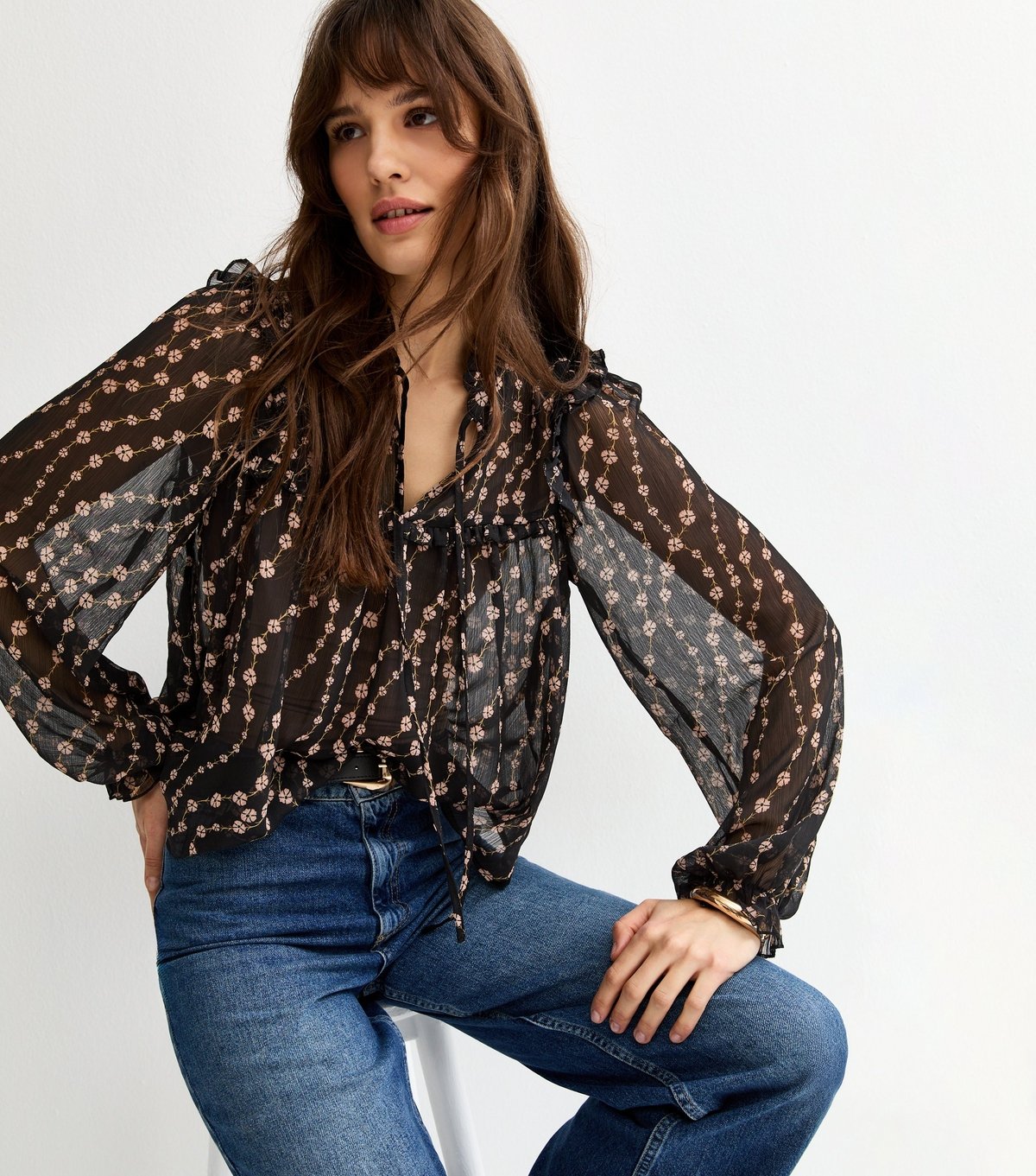 New Look Women's Tall Black Semi Sheer Floral Print Ruffle Bib Blouse New Look - 1