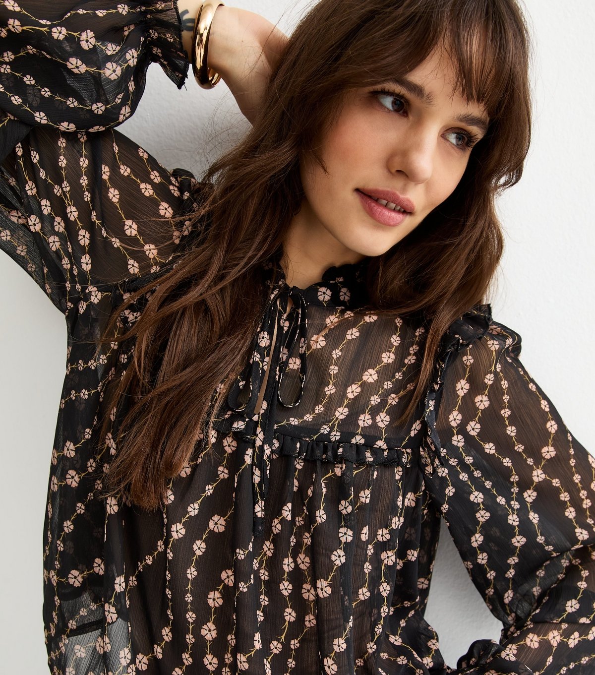 New Look Women's Tall Black Semi Sheer Floral Print Ruffle Bib Blouse New Look - 3