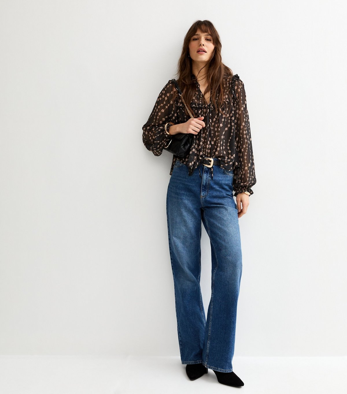 New Look Women's Tall Black Semi Sheer Floral Print Ruffle Bib Blouse New Look - 4