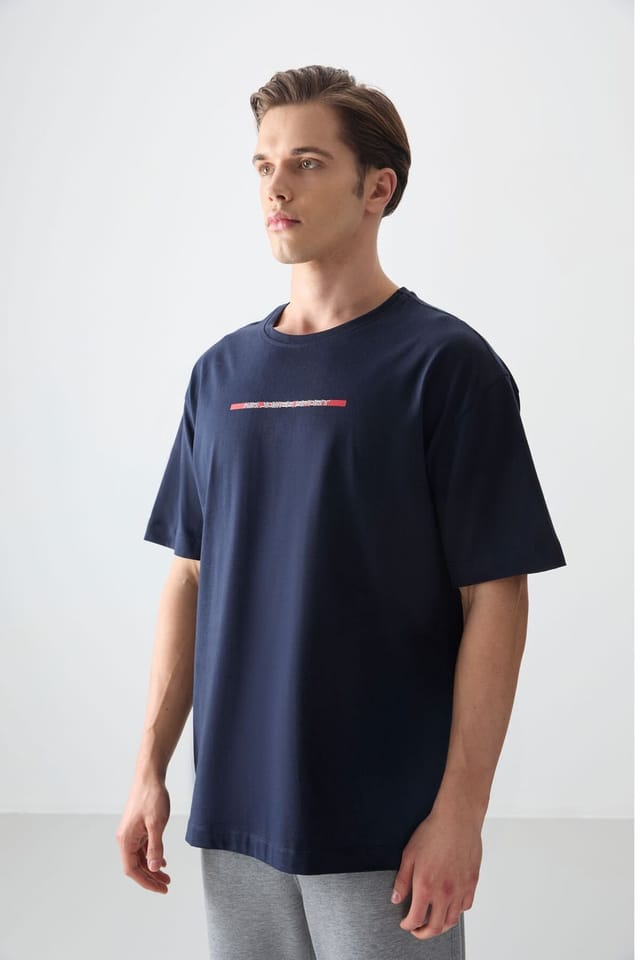 Tommy Life Tommy Life Men's Oversized Cotton Printed T-Shirt in Navy - 3