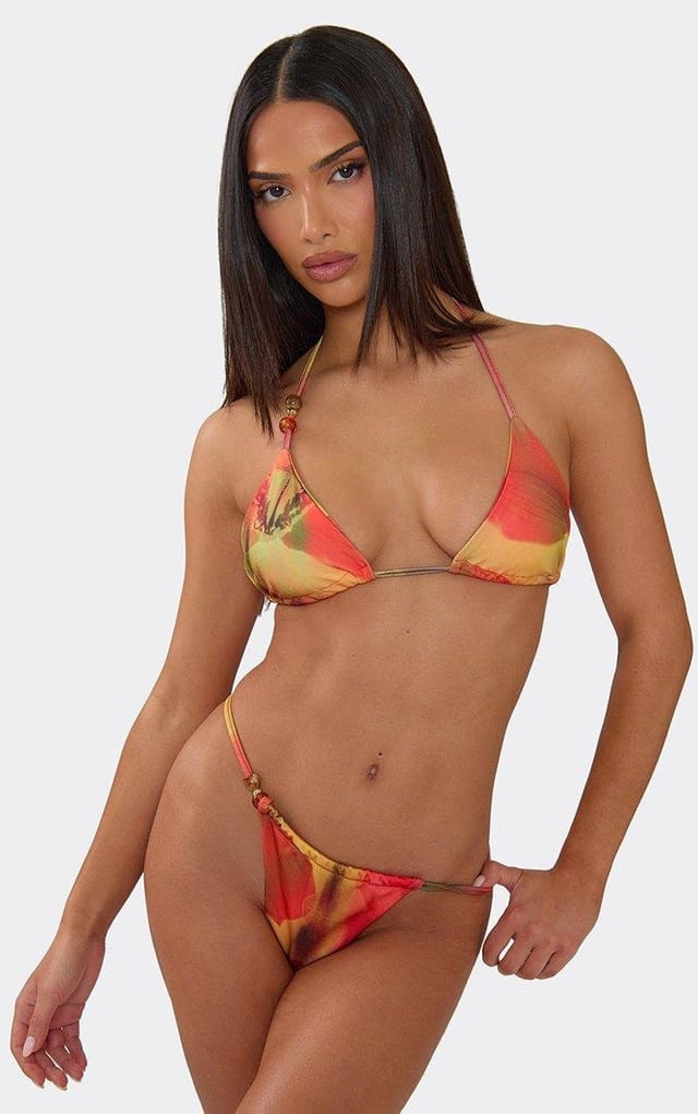 EGO Beaded Detail Triangle Bikini Set In Red Abstract Floral Print, Women's Size UK 6 - 2