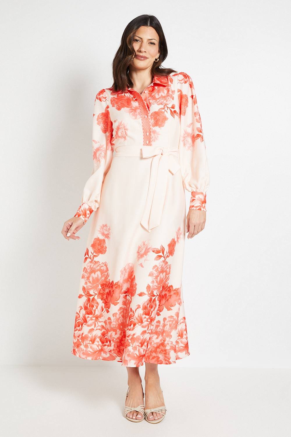 Wallis Wallis Women's Floral Belted Midi Shirt Dress in Orange - 1