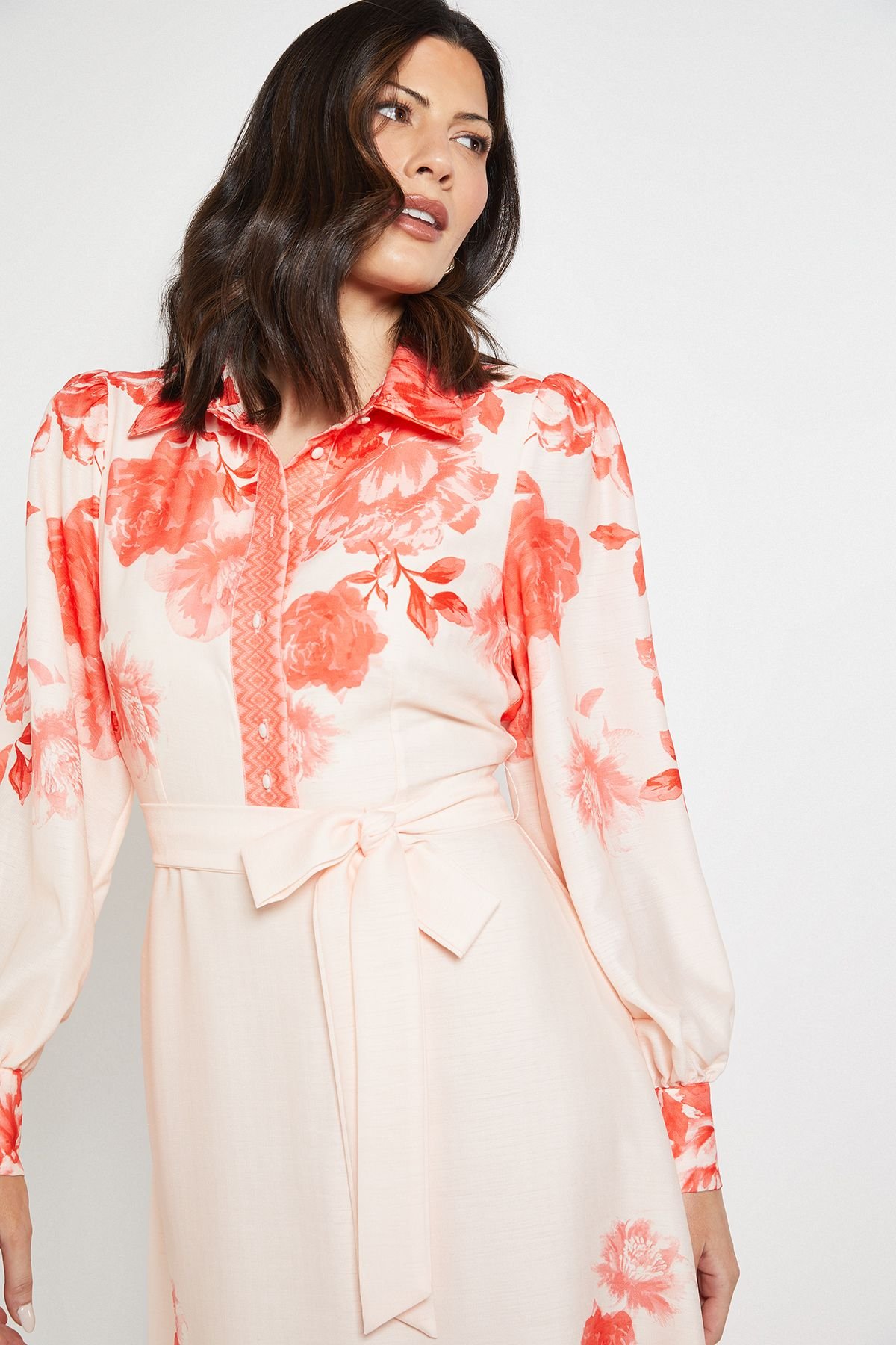 Wallis Wallis Women's Floral Belted Midi Shirt Dress in Orange - 4