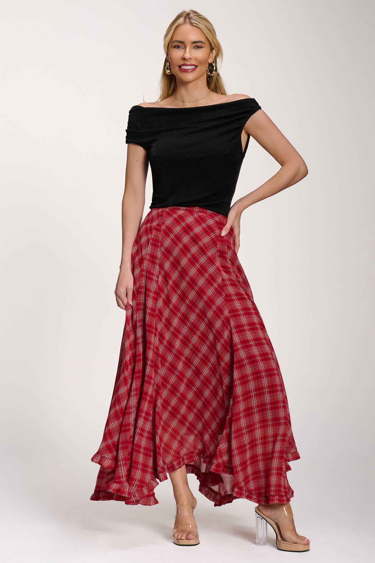 Jolie Moi Jolie Moi Women's Checked Chiffon Hem Maxi Skirt in Light Red