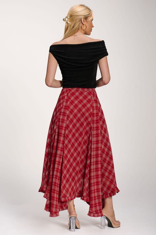 Jolie Moi Jolie Moi Women's Checked Chiffon Hem Maxi Skirt in Light Red - 2