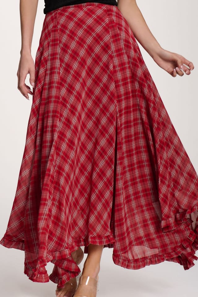 Jolie Moi Jolie Moi Women's Checked Chiffon Hem Maxi Skirt in Light Red - 3