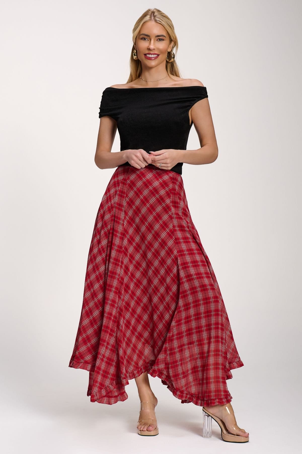 Jolie Moi Jolie Moi Women's Checked Chiffon Hem Maxi Skirt in Light Red - 4