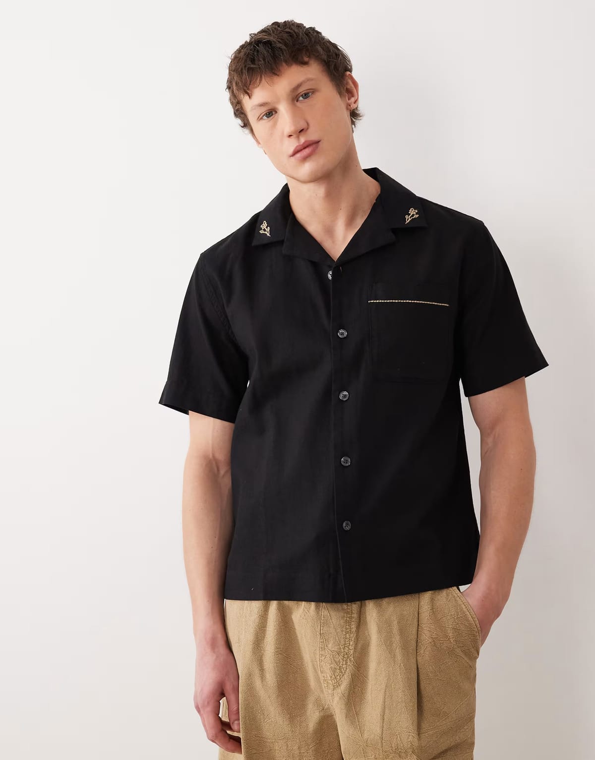ASOS Abercrombie & Fitch cotton linen mix short sleeve knitted shirt in black - 1