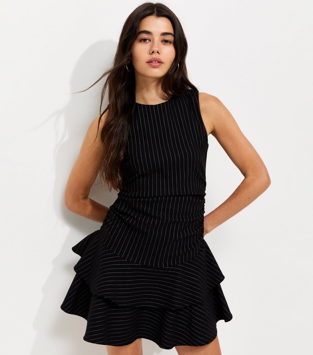 New Look Women's Black Pinstripe Ruched Tiered Skirt Mini Dress New Look