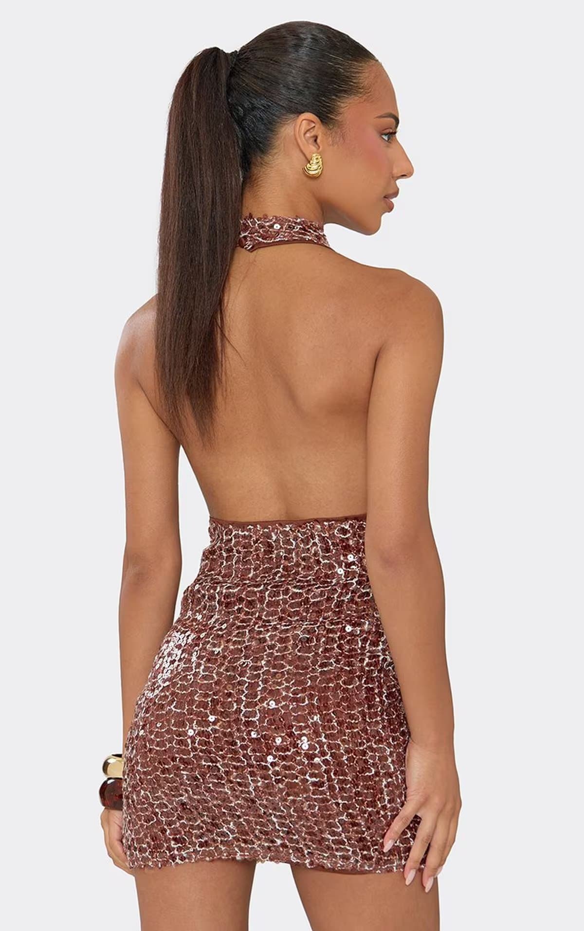 EGO Halterneck Cowl Neck Mini Dress In Brown Sequin Crochet Knit., Women's Size UK 6
