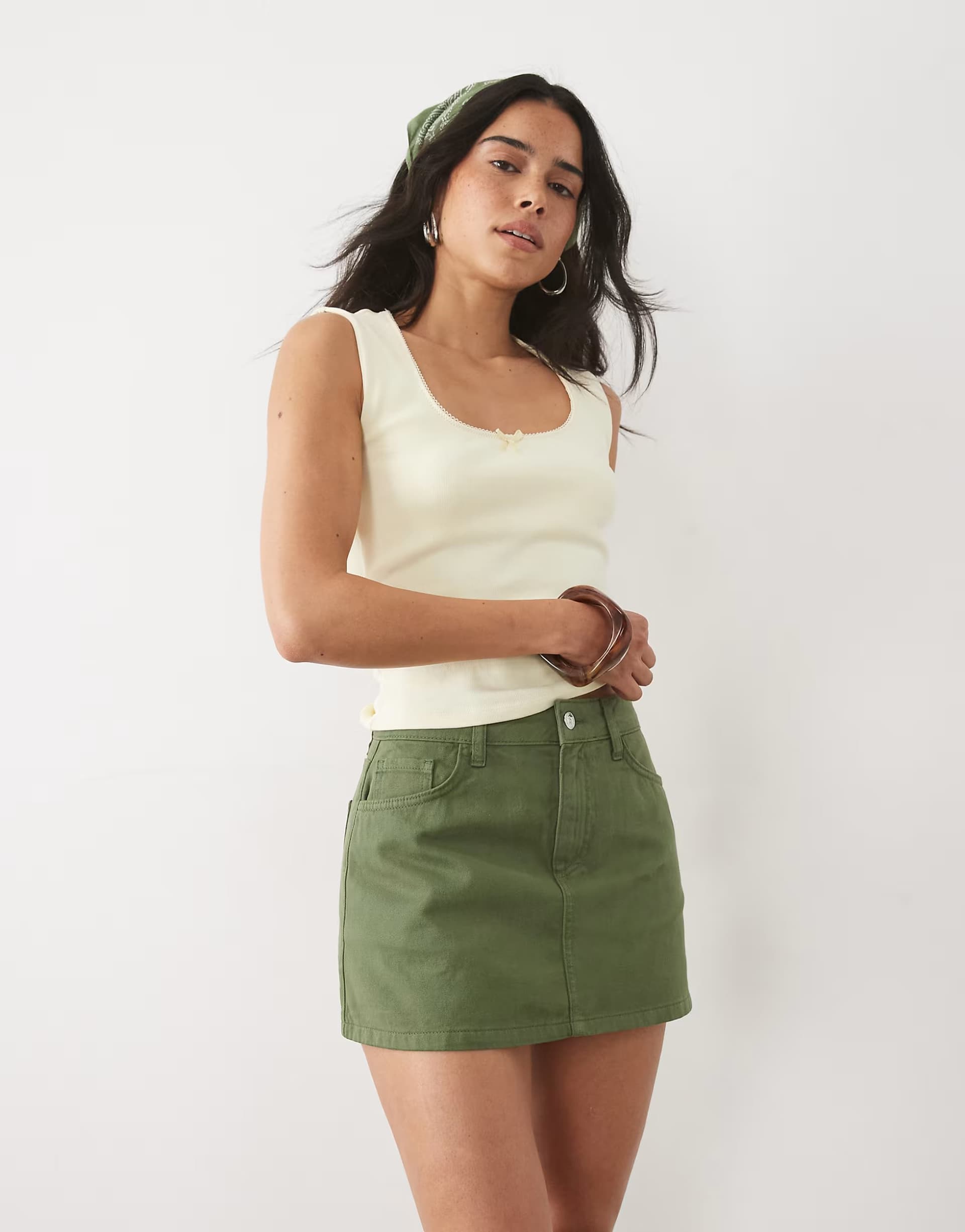 ASOS Miss Selfridge denim mini skort in khaki wash
