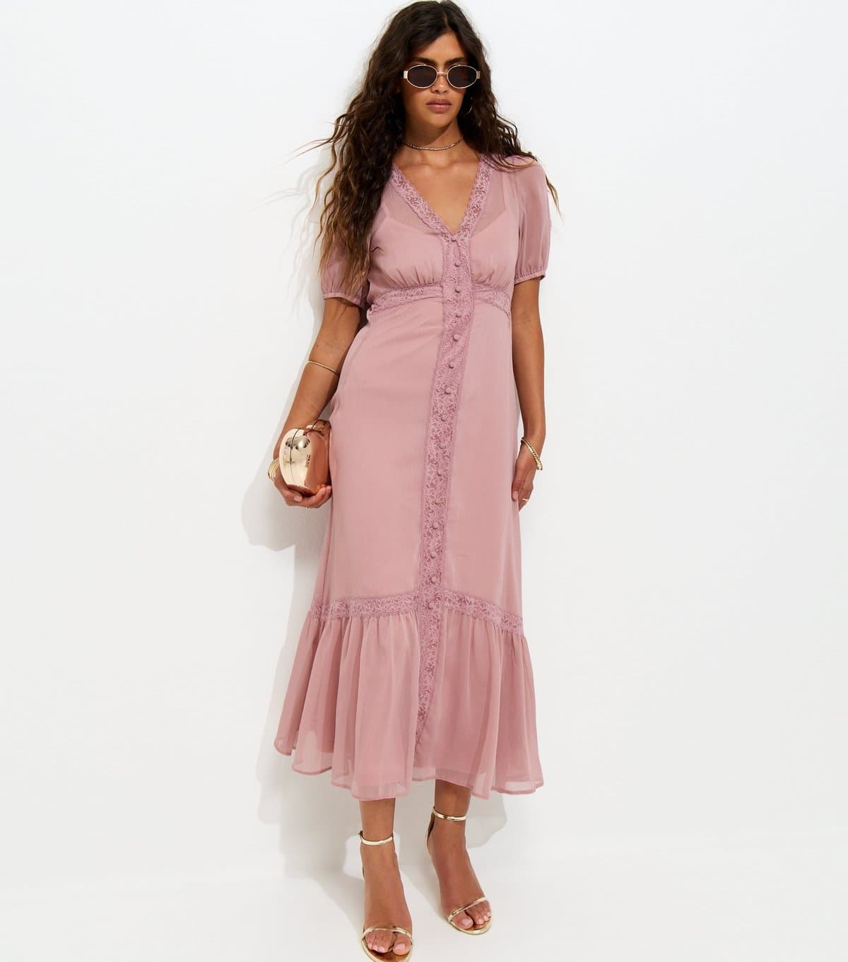 New Look Women's Pale Pink Chiffon Button Through Midi Dress New Look