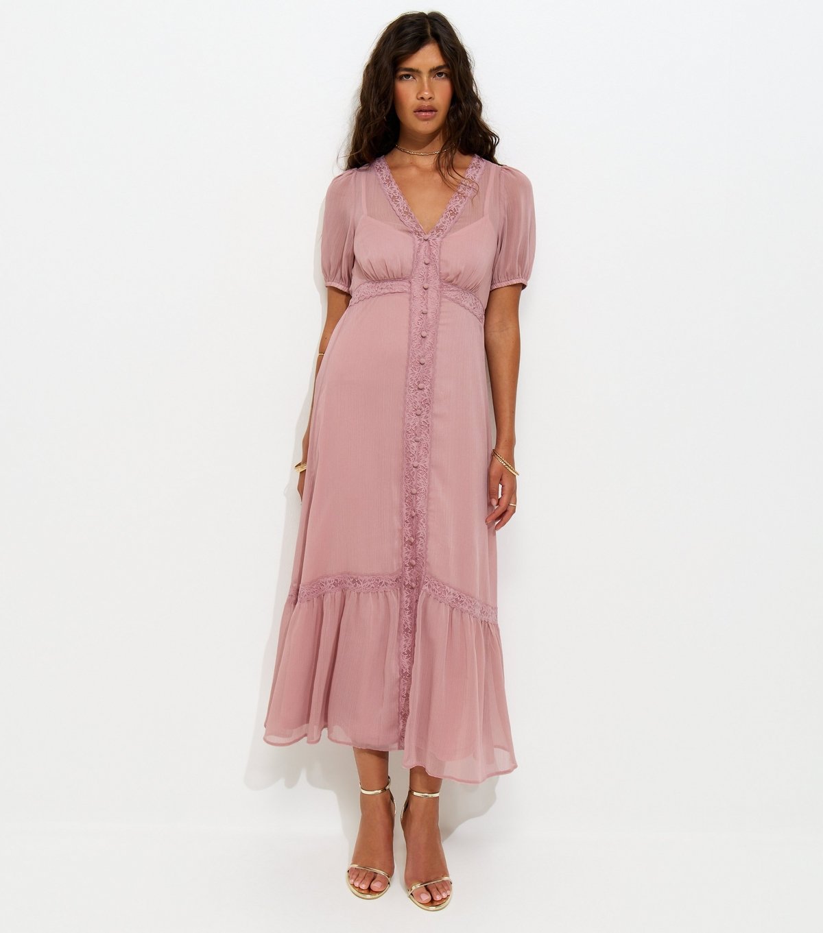 New Look Women's Pale Pink Chiffon Button Through Midi Dress New Look - 3