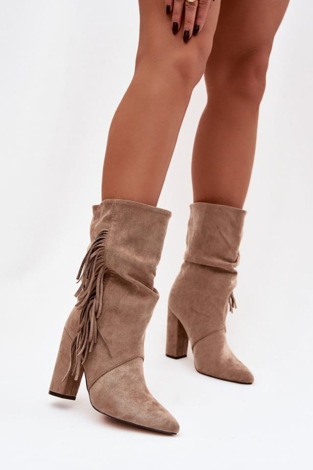 Love Lace Love Lace Women's Suede Ankle Heel Boots Slip On with Fleece Lining Boho Fringe in Taupe - 2
