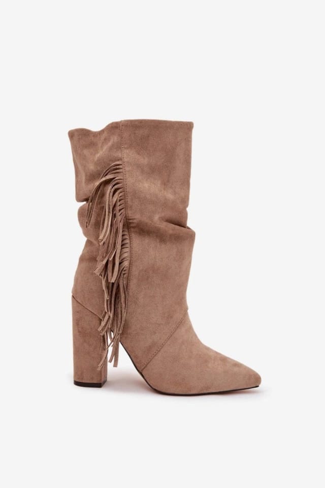 Love Lace Love Lace Women's Suede Ankle Heel Boots Slip On with Fleece Lining Boho Fringe in Taupe - 3