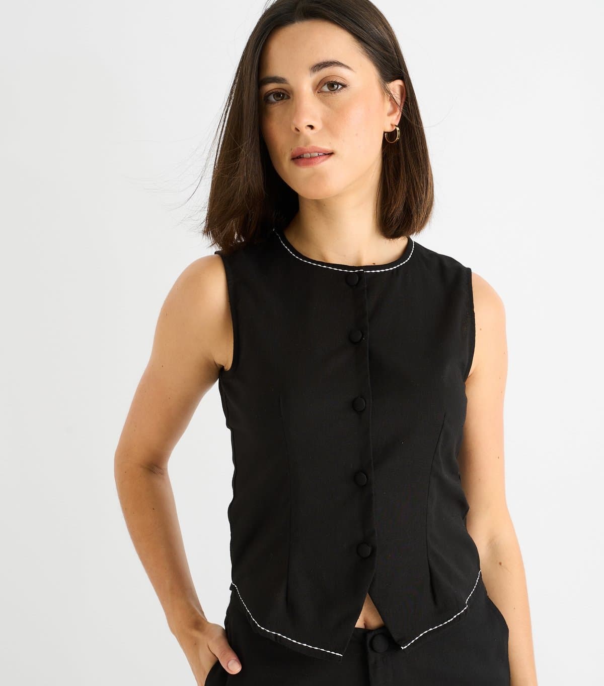 Gini London Women's Black Contrast Stitch Button Up Top Gini London New Look