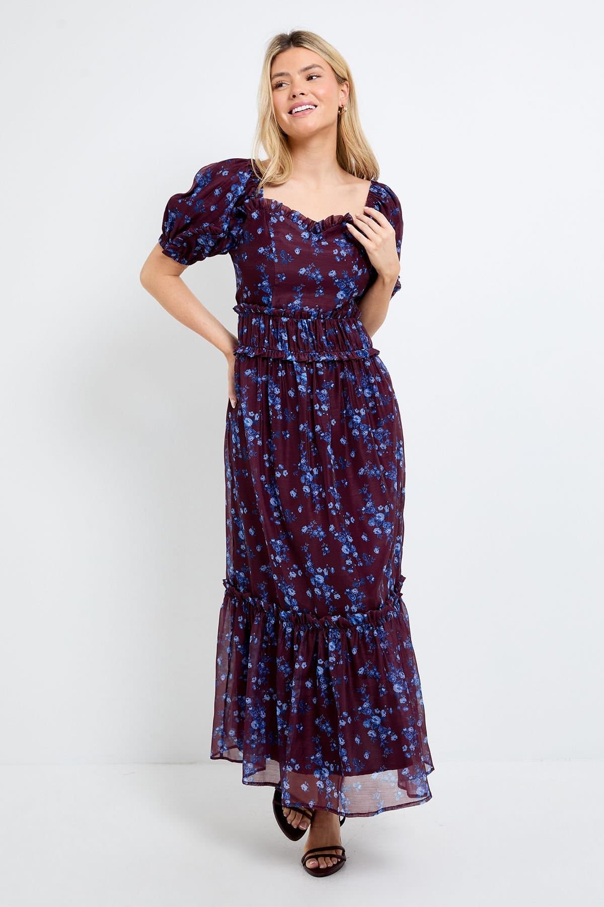 Dorothy Perkins Dorothy Perkins Women's DP Luxe Chocolate Floral Ditsy Printed Organza Frill Detail Puff Sleeve Maxi Dress in Navy
