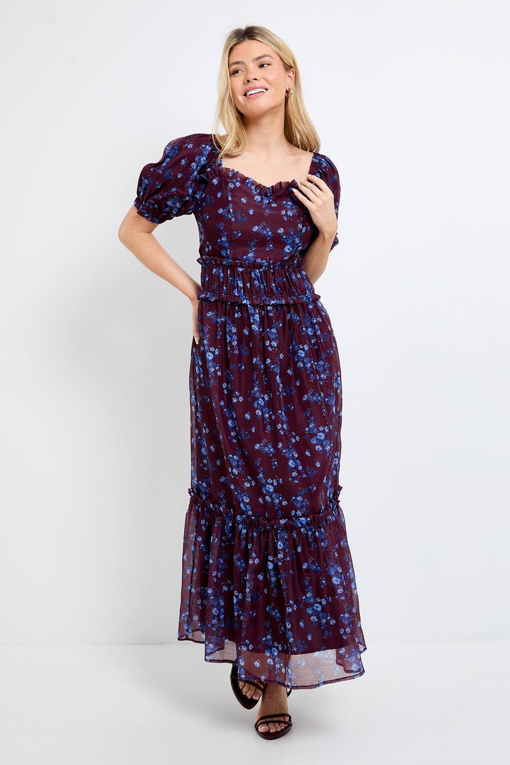 Dorothy Perkins Dorothy Perkins Women's DP Luxe Chocolate Floral Ditsy Printed Organza Frill Detail Puff Sleeve Maxi Dress in Navy - 2