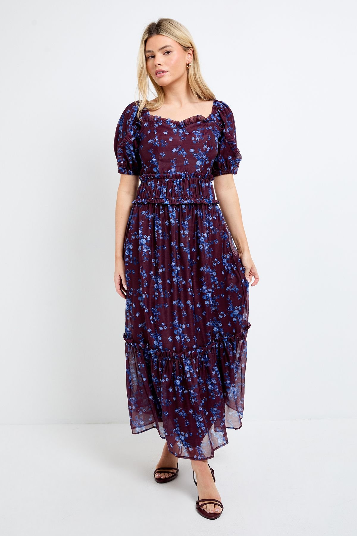Dorothy Perkins Dorothy Perkins Women's DP Luxe Chocolate Floral Ditsy Printed Organza Frill Detail Puff Sleeve Maxi Dress in Navy - 4