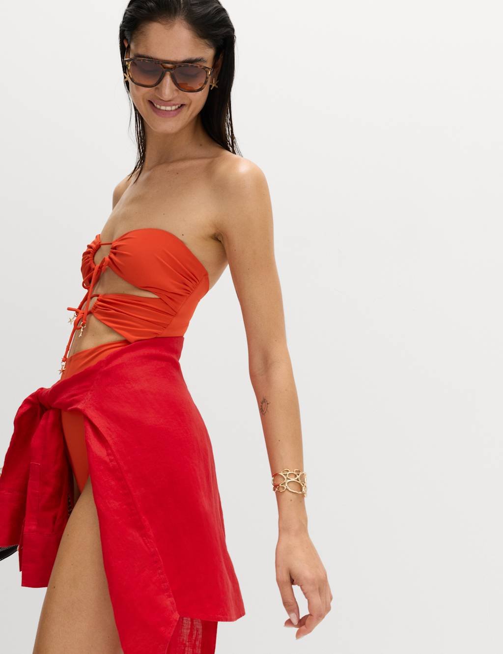 Marks & Spencer M&S Padded Cut Out Bandeau Swimsuit Orange - 4