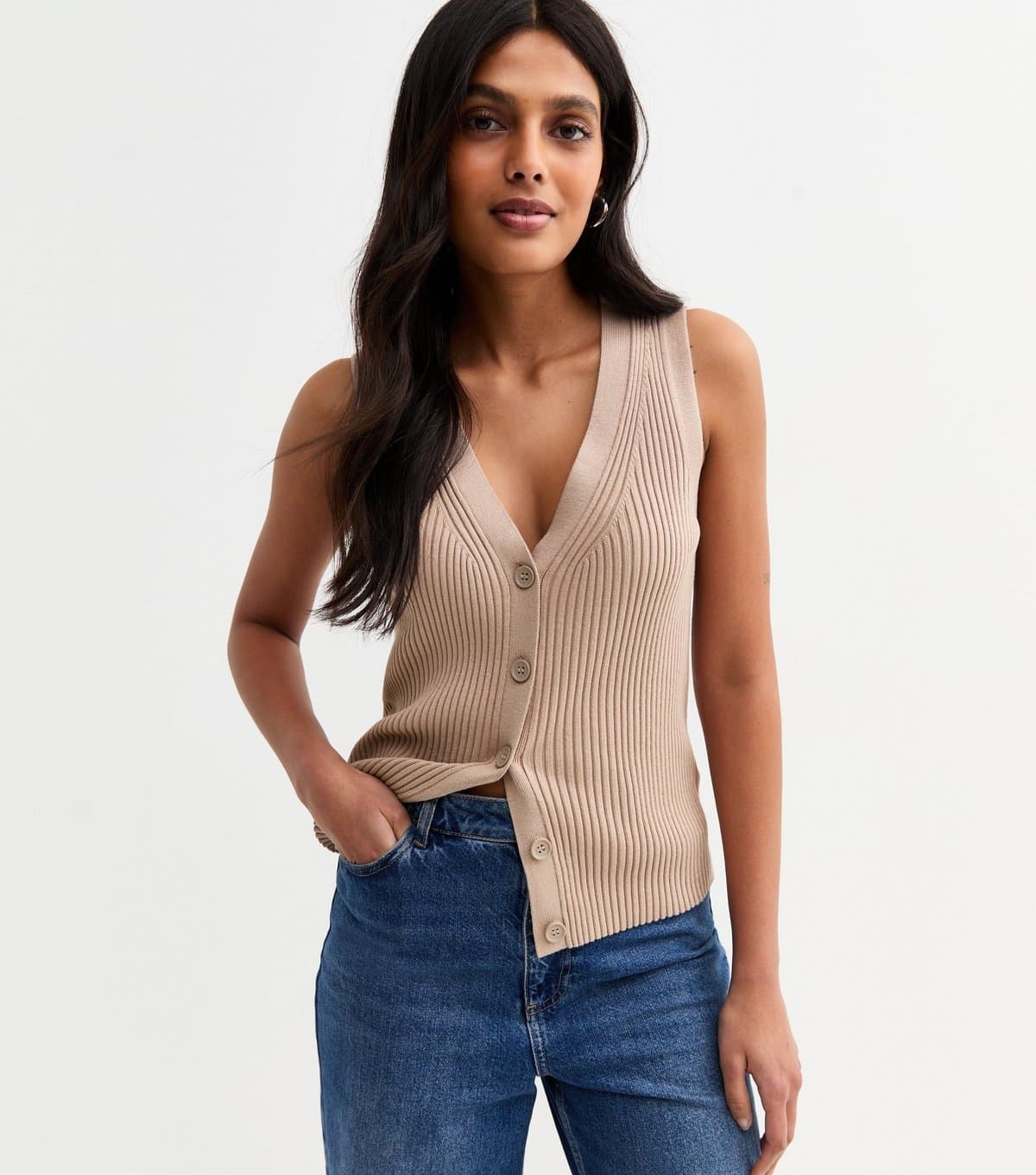New Look Women's Mink Ribbed Knitted Button Front Vest New Look