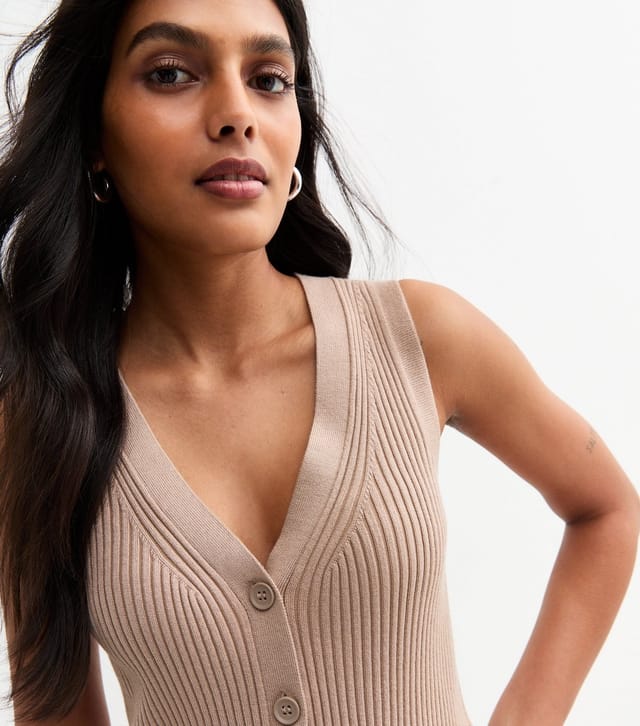 New Look Women's Mink Ribbed Knitted Button Front Vest New Look - 2