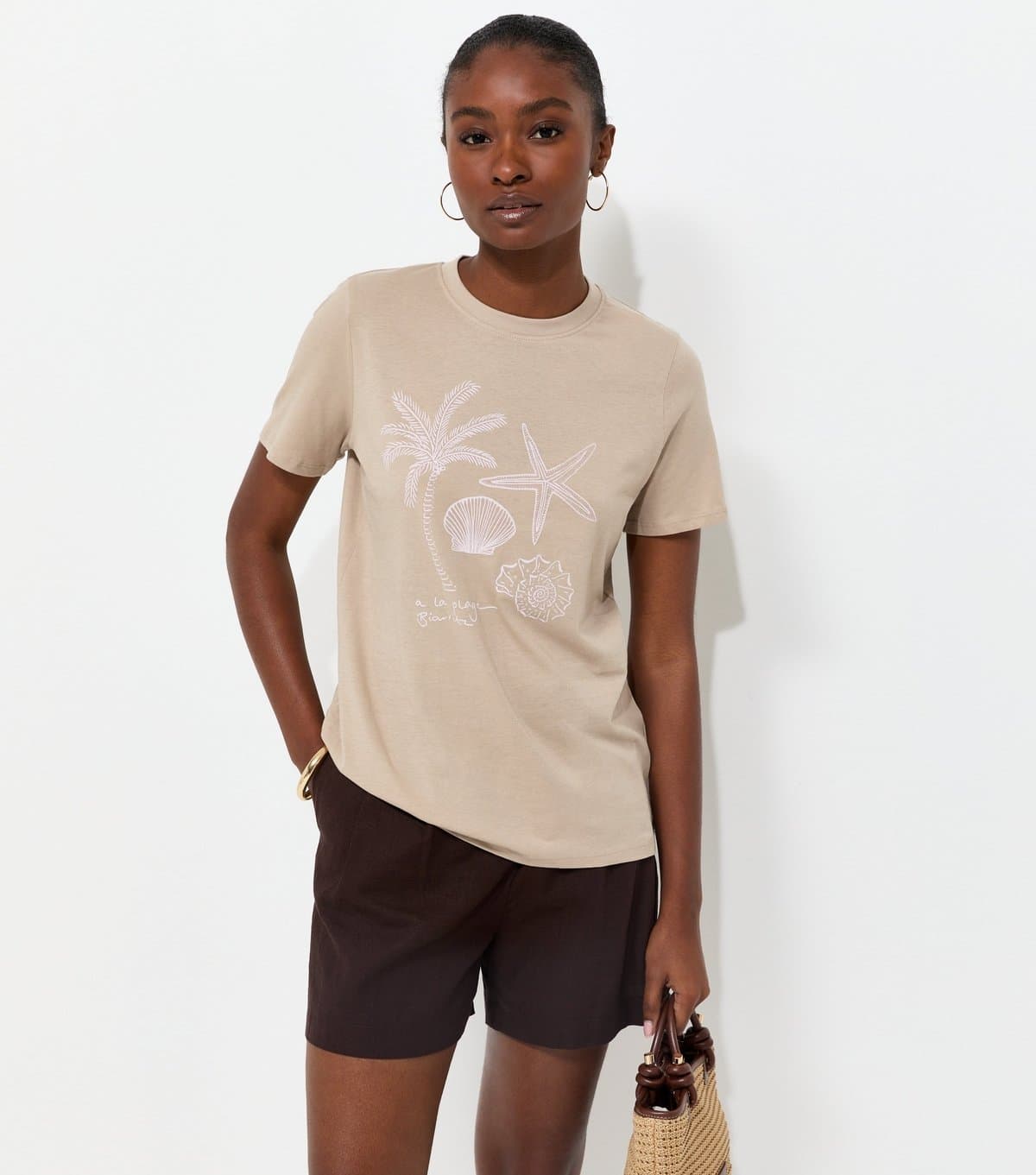 New Look Women's Mink Cotton Palm Shell Print Relaxed T-Shirt New Look