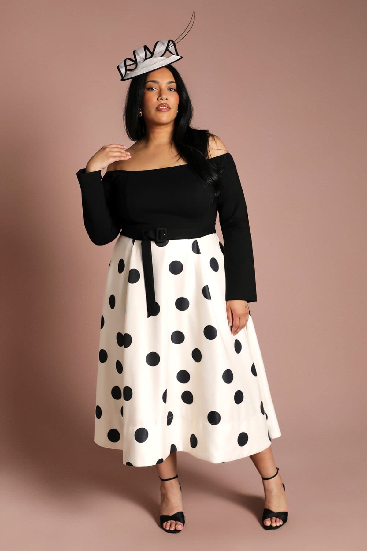 Coast Coast Women's Plus Long Sleeve Bardot Printed Full Skirted Ponte Midi Dress in Mono