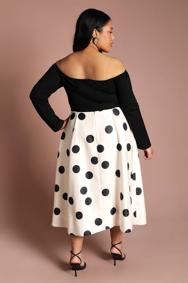 Coast Coast Women's Plus Long Sleeve Bardot Printed Full Skirted Ponte Midi Dress in Mono - 3