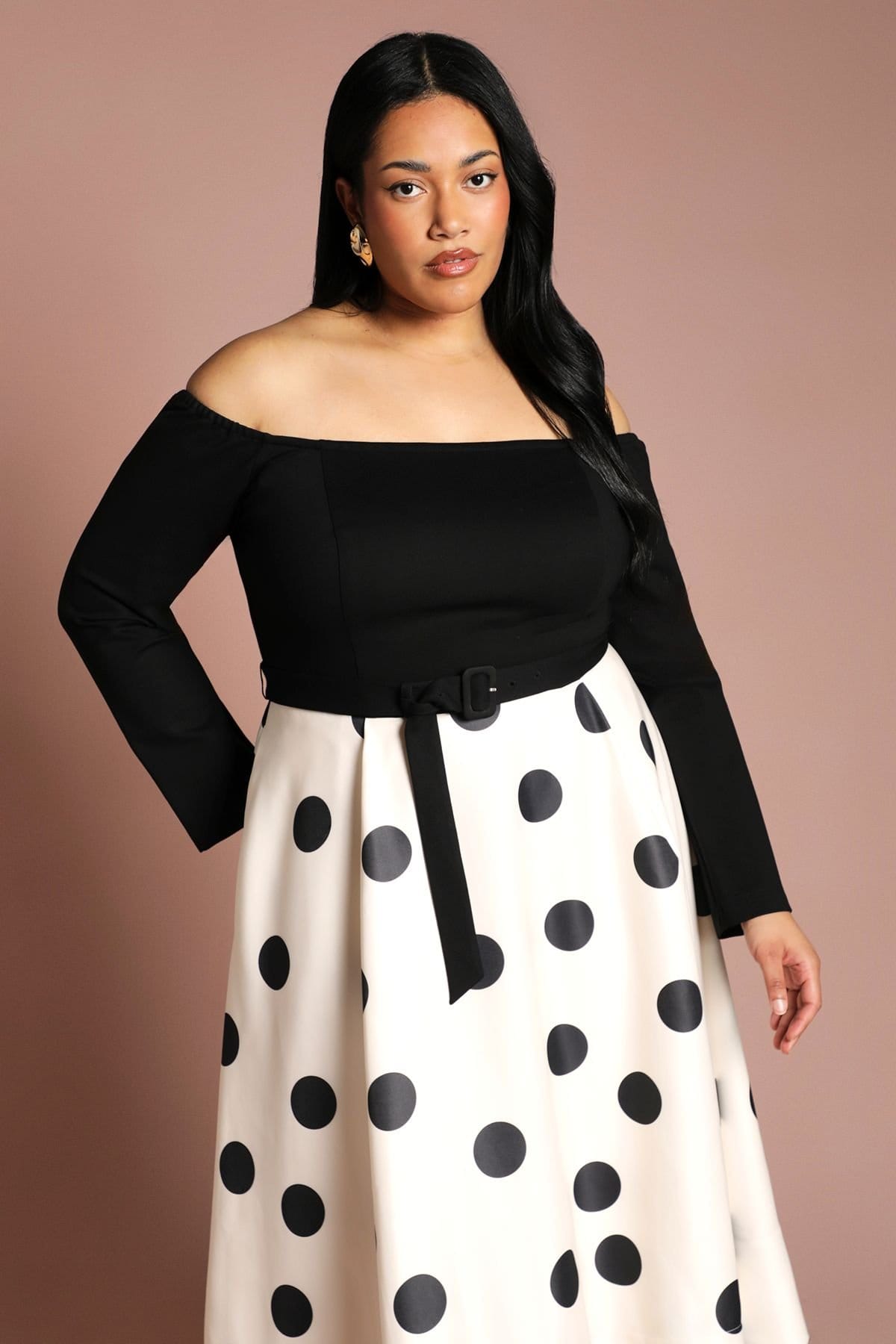 Coast Coast Women's Plus Long Sleeve Bardot Printed Full Skirted Ponte Midi Dress in Mono - 4
