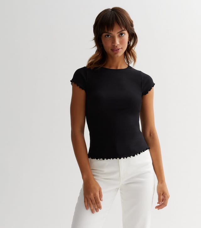 New Look Women's Black Ribbed Frill T-Shirt New Look - 2