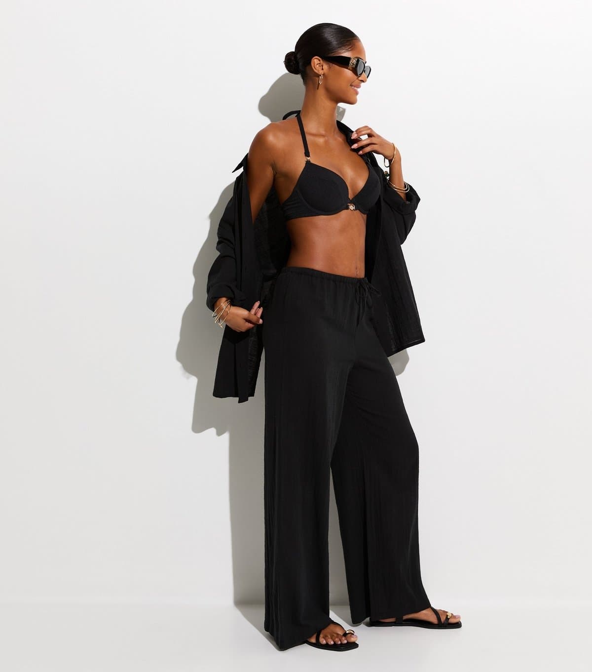 New Look New Look Black Cotton Slub Wide Leg Trousers