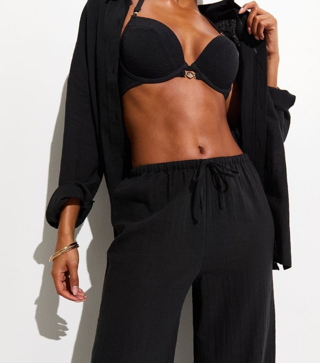 New Look Women's Beach Black Cotton Slub Wide Leg Trousers New Look - 3