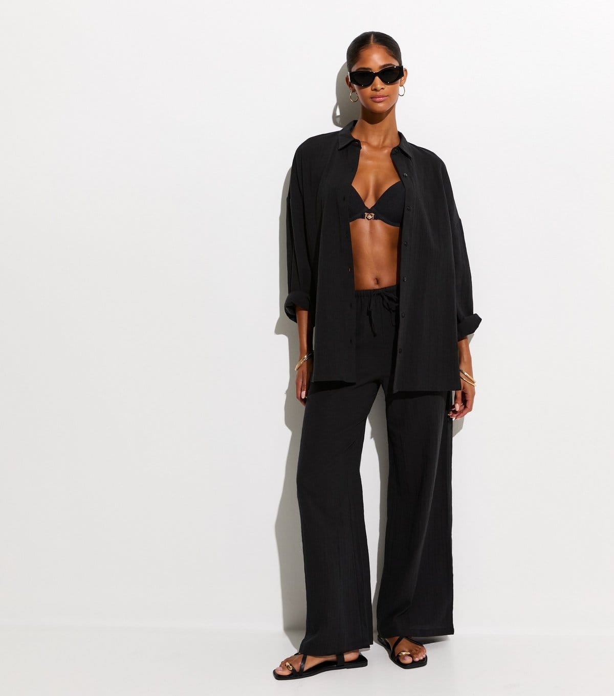 New Look Women's Beach Black Cotton Slub Wide Leg Trousers New Look - 4