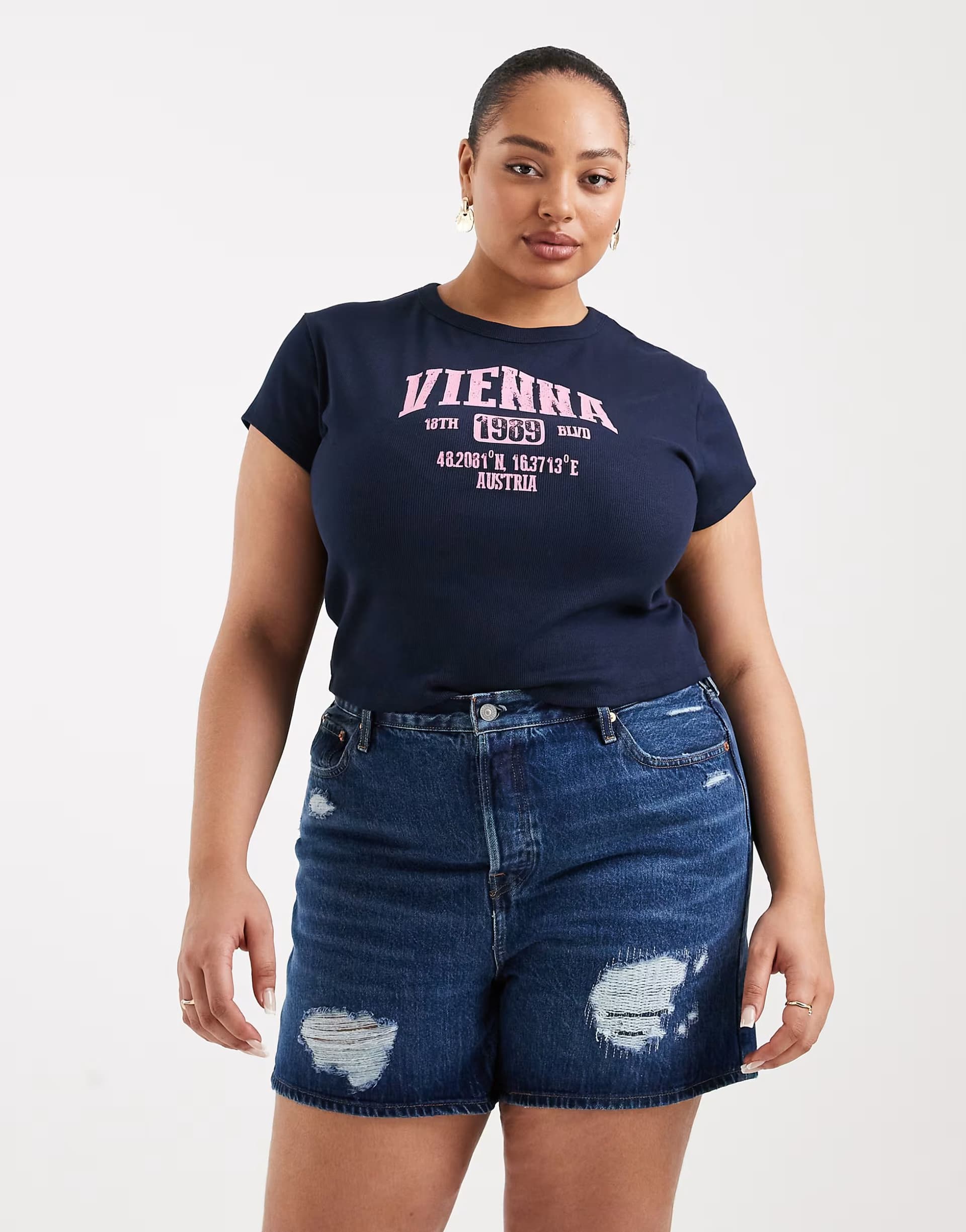 ASOS Levi's Plus 501 distressed shorts in mid blue wash 