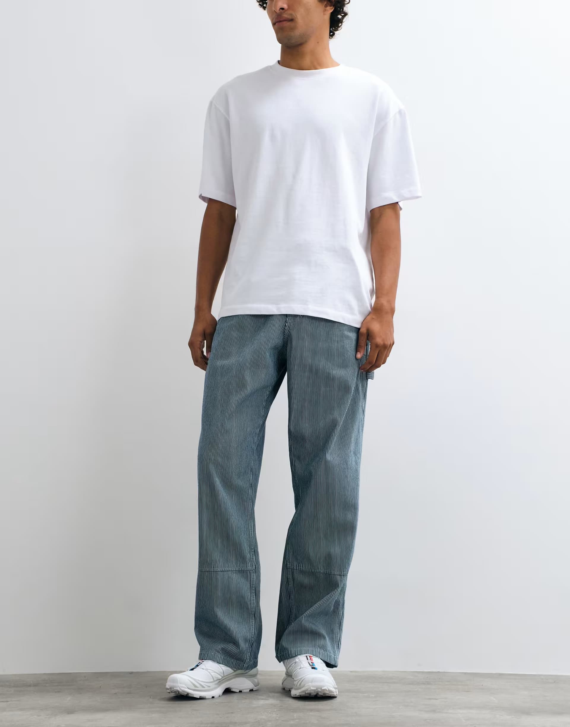 ASOS Gramicci baggy overdyed hickory stripe trousers in blue